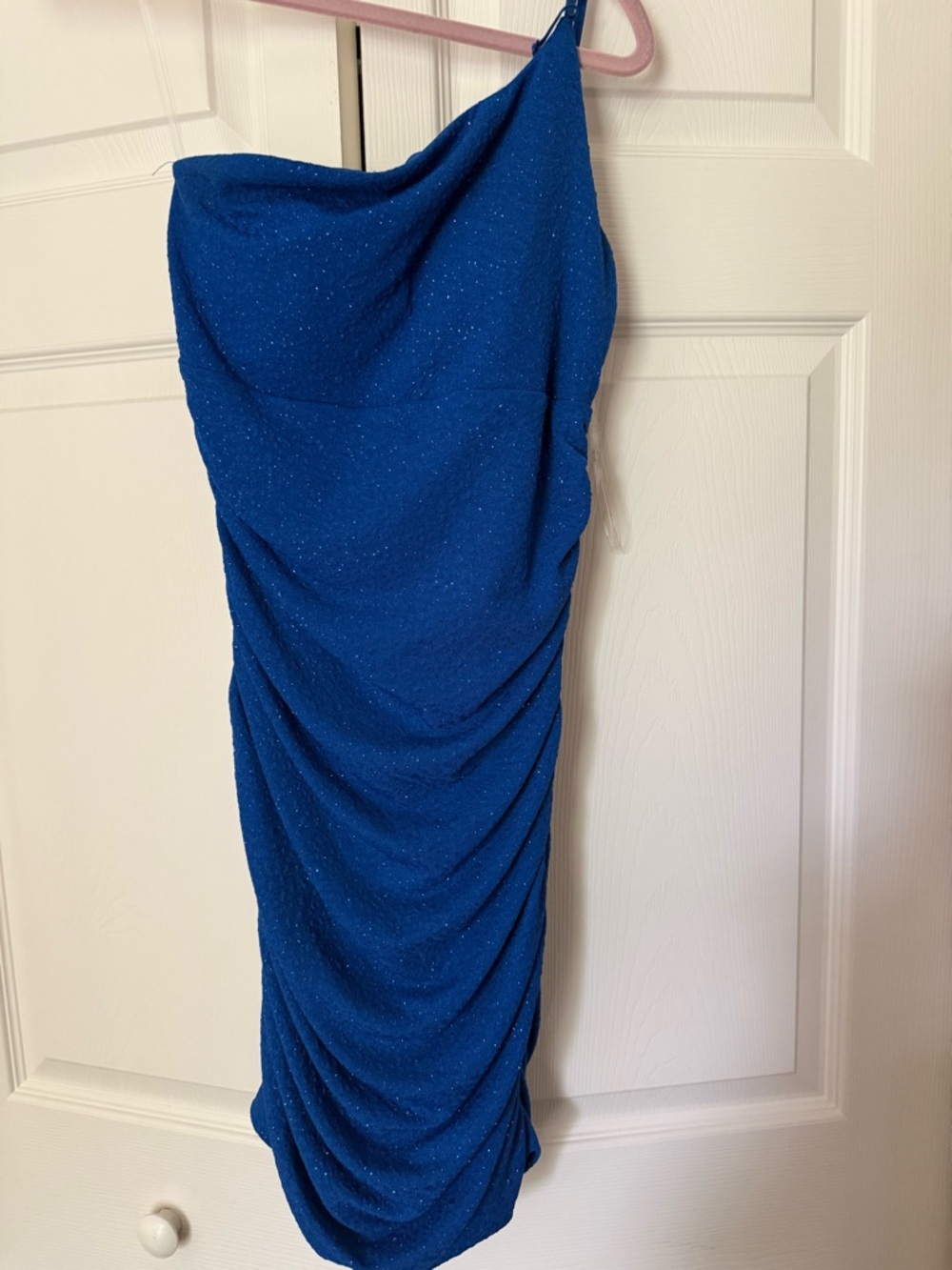 Honey and Rosie Blue Glitter One Shoulder Ruched Dress – Size Medium
